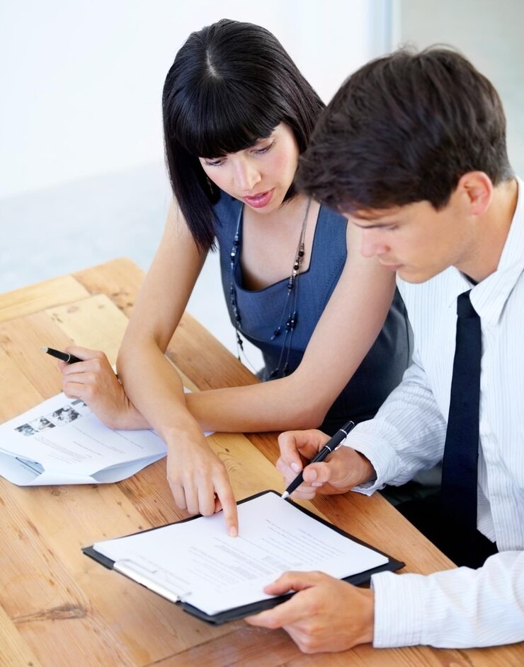 imgi 18 business man woman with documents talking planning with information details share ideas staff male employee confident fe